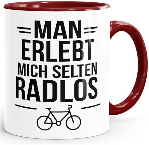 MoonWorks Tasse Spruch Spruch Fahrradfahrer Man erlebt mich selten radlos Statement Geschenkidee Bike-Freunde lustige Kaffeebecher Weiss-innen-bordeauxrot standard