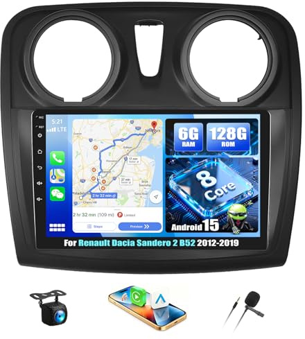 SIXTOP 8 Core 6G+128G Android 15 Radio para Renault Dacia Sandero 2 B52 2012-2019 Pantalla Radio Coche 9 Pulgadas 2 DIN con CarPlay Android Auto GPS WiFi Cámara de visión Trasera Bluetooth FM/RDS EQ