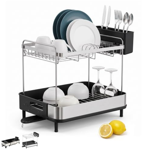 Homellence Escurreplatos, Escurridor Platos Acero Inoxidable, Dos Niveles | Escurreplatos grande, acero inoxidable y plástico, portacubiertos extraíble