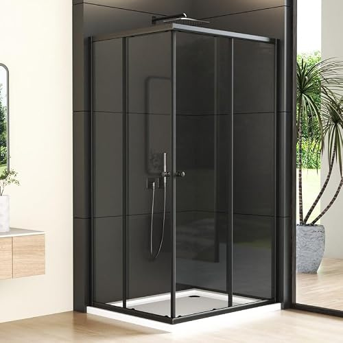 Goezes Eckeinstieg Duschkabine 90x100x185 cm Doppel Schiebetür Schwarz | Glas Schiebetüren Duschabtrennung, 6mm ESG Sicherheitsglas, Duschwand Dusche Eckdusche Höhe 185cm, Mattschwarze