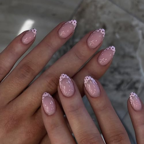 Pink French Tip False Nails - 24Pcs Short Almond Press on Nails - Pink Nails with French & Black Wave Point Design - Full Cover Acrylic Stick On Nails with Glue - Cute Nails for Women