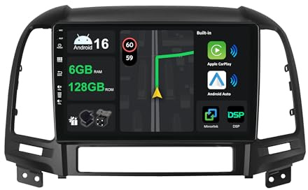 KEC 9 [6G+128G] Android 16 Radio Coche para Hyundai Santa Fe 2006-2012 con Carplay|Android Auto|DSP|Mirror Link-GPS Navi Navegador Radio con Bluetooth 5.0/WiFi/4G/FM/360 AHD Cámara