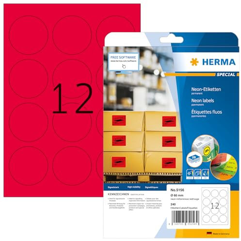 HERMA 5156 Farbige Etiketten rund neon rot, 20 Blatt, Ø 60 mm, 12 pro A4 Bogen, 240 Stück, selbstklebend, bedruckbar, matt, blanko Papier Neon-Etiketten Farbaufkleber