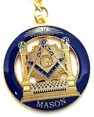 BOBIJOO JEWELRY - Porte clé Franc-MaçonEquerre Compas Pavé maçonnique Colonnes Métal argenté et émail bleu