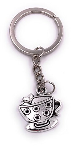 H-Customs Tasse de thé avec coeur porte-clés pendentif en métal argenté