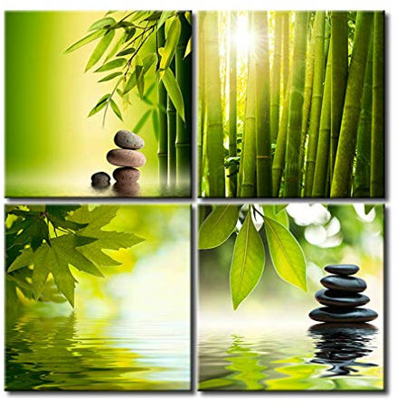 decomonkey - Impression sur Toile Intissé Spa Zen 40x40 4 Pièces - Tableau Décoration Appartement Cadre en Bois Photo Déco Salon Peinture sur Toile Maison