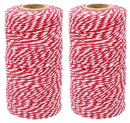 G2PLUS 200M Spago Natalizio Cordoncino Cotone Baker’s Twine Spago Bianco Rosso Natale,Decorativo Spago,per Cucina Cottura Natale Confezionamento Regalo