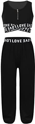 MSemis Teenager Mädchen Jogginganzug Trainingsanzug Sportanzug Jogger Crop Top Sport BH Weste mit Leggings Streetwear für Tanz Yoga Jogging Schwarz 146-152