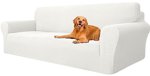 YSTELLAA Stretch Sofa überzug 4 Sitzer, Super Elastisch Sofabezug Mit Armlehnen Waschbarer, kratzfester rutschfest Sofa Cover für Hunde Katzen und Haustiere(Weiß, Sofa Breite 233cm-293cm)