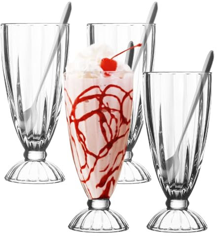 binsakao Lot de 4 verres à milkshake avec 6 longues cuillères en métal, verres à soda à l'ancienne, verre classique pour crème glacée, transparent, 355 ml