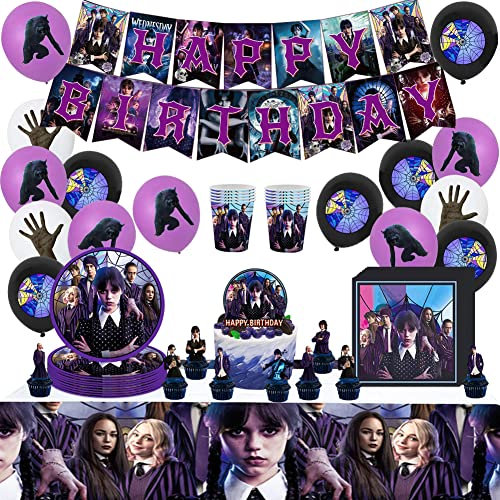Forniture per la Festa mercoledì Addams Include Piatti, tovaglie, Tazze,Striscione di buon compleanno,Palloncini, tovaglioli per la Decorazione della Festa di Compleanno mercoledì Addams