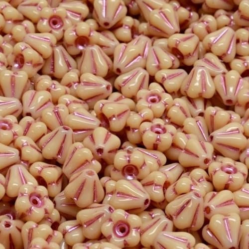 24 pcs Bell flower glass pressed beads 4 x 6 mm beige pink lined