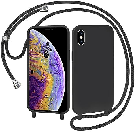 AOMYKE Handyhülle für iPhone X/iPhone XS Hülle mit Band, Handyband iPhone X/iPhone XS Hülle zum Umhängen Schutzhülle mit Kette Kordel Weich TPU Liquid Silikon Case, Schwarz