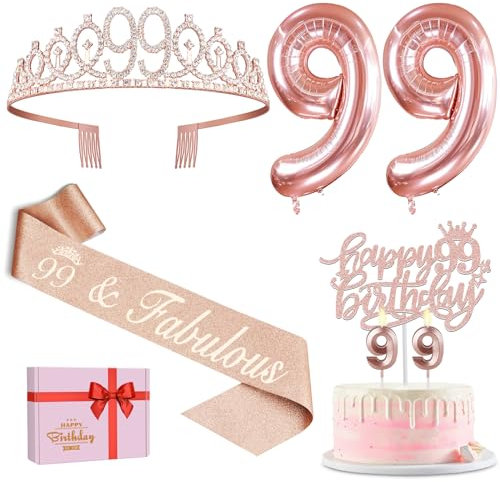 Geschenk zum 99. Geburtstag für Frauen, inklusive Schärpe und Tiara, Geburtstagskuchenaufsatz und Zahl 99 Kerzen, große 99 Luftballons, 99. Geburtstag Dekorationen für Happy 99th Birthday Party Favor
