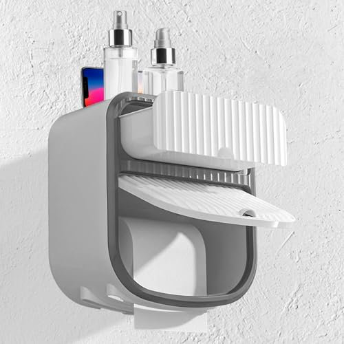 Wall Mounted Tissue Storage Box, Toilet Paper Holder, Bathroom Tissue Dispensers with Drawer Self-Adhesive Plastic Toilet Roll Paper Holder Box for Bathroom Kitchen Living Room(White)