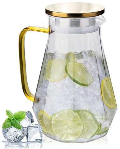 Nuscen Water Glass Jug,2L with Lid Pitcher,Water Carafe,67.6oz Water Jar,for Fridge,Juice,Juice jugs,Beverages, hot and Cold Water, Capacity,Golden Pot lid with Diamond Shape