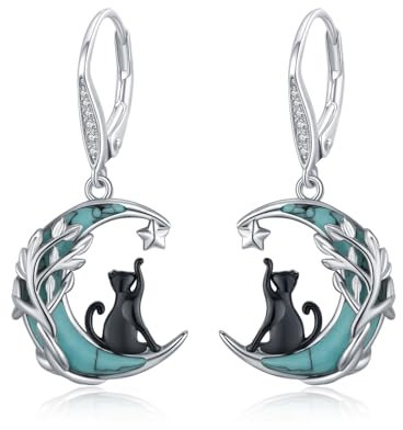 Türkis Katze Ohrringe 925 Sterling Silber Türkis Mond Ohrring Baum des Lebens Ohrringe Katzen ohrringe für Frauen Geburtstag Schmuck Geschenk für Katzenliebhaber