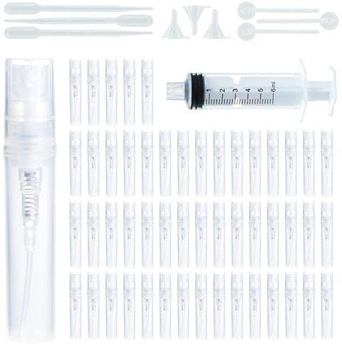 50PCS Perfume Atomizer 3ml Refillable Empty, Portable Travel Small Perfume Spray Bottle, Mini Perfume Dispenser Sample Bottle with10 PCS Tools, Fine Mist Sprayer for Travel (50PCS 3ml-Transparent)
