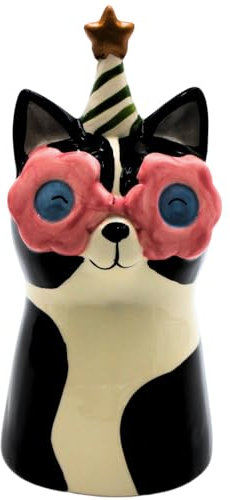 Blumenvase, Dekovase, Pflanzenvase, Tischvase, Tiervase, Katzenvase,Katze mit Sonnenbrille und Partyhut, dekorativer Pflanztopf aus Keramik, in schwarz-weiß, Größe: L/B/H 10 x 10 x 20 cm.