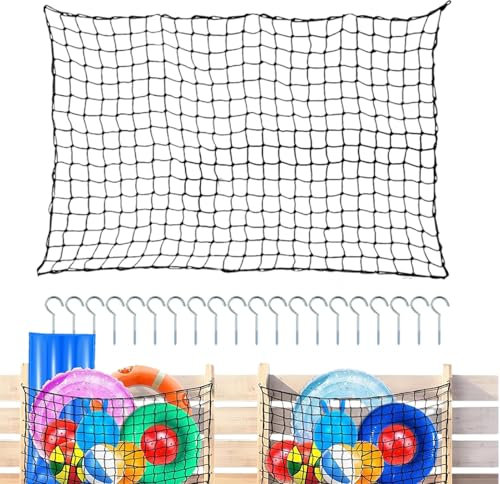 Pool Toy Storage Net, Large Swim Organizer, Heavy Duty Mesh Bag with 20 Screw Hooks, Perfect for Storing Inflatable Rafts, Balls, Chairs, Noodles, and Keeping Areas Tidy Organized