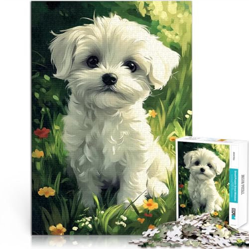 Jigsaw Puzzles 1000 Piece for teenagers Maltese dog Puppy in Flowers Präzisionsschnitt Lustiges Geschenk75x50cm
