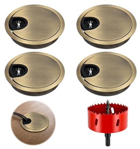 Akamino 4 Pcs 80mm Desk Cable Grommets with Hole Saw, Bronze Desk Metal Cable Hole Cover, Round Computer Desktop Grommets Cable Management for Office Home Wire Organizer