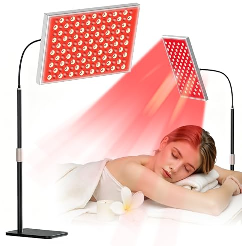 225LEDs Rotlichtlampe, Infrarotlampe Panellampe mit 5 Stufen und Timer, 660nm & 850nm Nahinfrarot Rotlichttherapie mit Verstellbarem Ständer für Körper Gesicht, Nacken, Rücken, Schulter, Taille, Knie