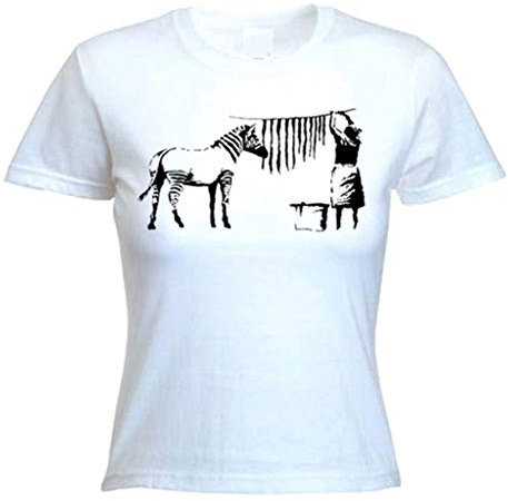 Banksy Waschen und Hanging Out Zebra Streifen Damen T Shirt (Choices von Farbe) Gr. 40, weiß