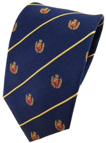 TigerTie Designer Seidenkrawatte in blau gold rot dunkelblau gestreift mit Wappen