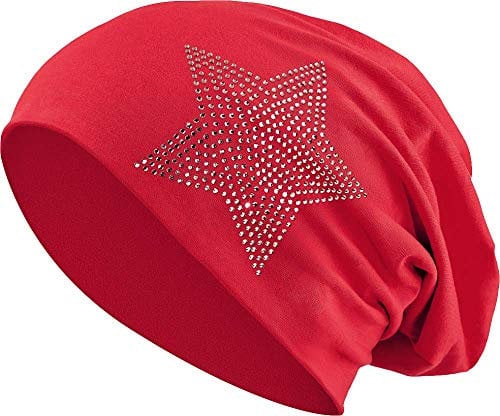 Jersey Baumwolle elastisches Long Slouch Beanie Unisex Herren Damen mit Strass Stern Steinen Mütze Heather in 35 (2) (Dark Red)