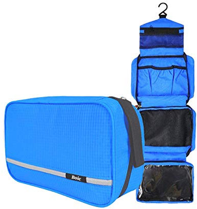 Boic Trousse de Toilette Voyage, Trousse de Toilette Homme, Sac Rangement de Voyage vec 4 Compartiments Multifonction Portable Pliable Trousse de Cosmétique (Bleu)