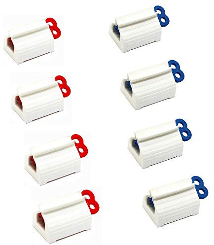 Long Tao - 8 unidades de tubo de soporte para exprimidor de pasta de dientes, dispensador de pasta de dientes rotatorio para todos los tubos de pasta de dientes (4 azules y 4 rojos)