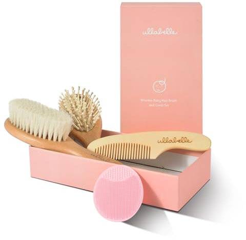 Ullabelle 4 Stück Holz Baby Haarbürste und Kamm Set für Neugeborene & Kleinkinder in schicker Geschenkbox - Ultra weiches natürliches Ziegenhaar und Holz Baby Pinsel Set verhindert Wiegenkappe -