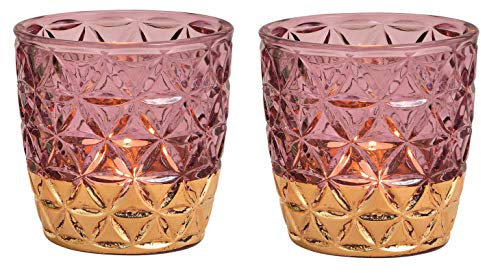 Schmucks HOME Deko Gold rosa 2X Windlicht Glas Teelichthalter 9x9 cm (rosa)