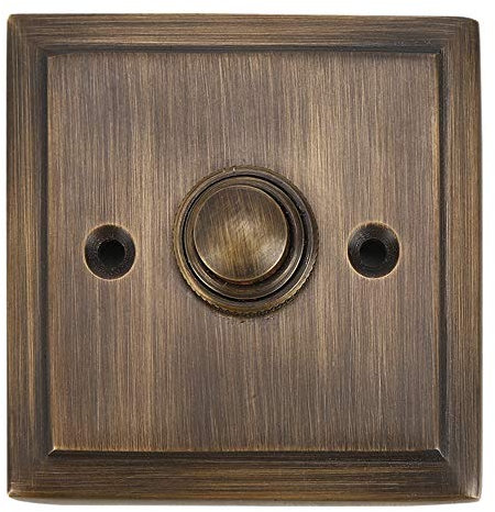 A29 Antique Brass Doorbell Button – 2 1/2 x 2 1/2 – Decorative Style Push Button in Brass with Recess Mount – Vintage Finish, Wired for Two-Wire Chimes, Weather Resistant, Easy DIY Installation