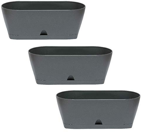 Engelland - 3 x Blumenkasten mit Untersetzer, Anthrazit, Balkonkasten, Pflanztopf, 25 cm, Tischdeko, für Garten, Terrasse, Fensterbank, mit Wasserauffangschale, Innen- & Außenbereich, 1,7 Liter