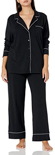 Amazon Essentials Damen Schlafanzug-Set, Baumwollmodal, langärmliges Hemd und durchgehendes Unterteil, Schwarz, XXL
