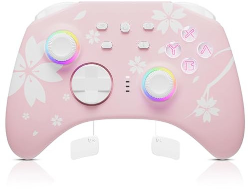 Mytrix Wireless Controller für Switch/Switch Lite/Switch OLED, Switch Pro Controller mit Weckfunktion, Kopfhöreranschluss, Turbo, Bewegungskontrolle, Einstellbare Vibration, LED-Lichter, Sakura Rosa