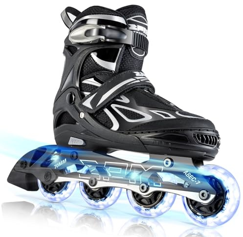 2PM SPORTS Vinal Inline Skates for Men with Light Up Wheels Adjustable Roller Women, Illuminating Outdoor Roller Skates for Kids and Adults - Silver XL