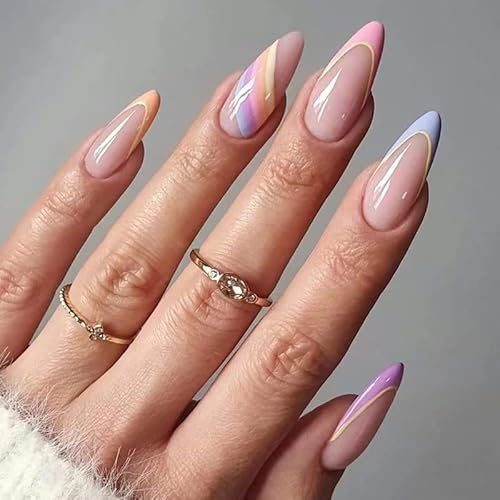 BSLVWG 24 Stück Almond Press on Nails Short, mehrfarbige French Stick on Nails mit Wellenmustern, Nude Swirl False Nails Short für Frauen, ovale Kunstnägel mit Kleber für Nägel Art (01)