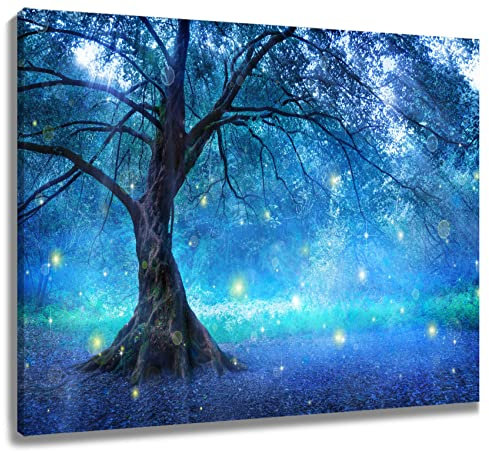 LB Wandbilder Fantasy-Baum Wanddruck Blauer Sternenhimmel Leinwand Bilder Magische Landschaft Poster für Wohnzimmer Schlafzimmer Badezimmer Wand Deko,40x30cm Gerahmt