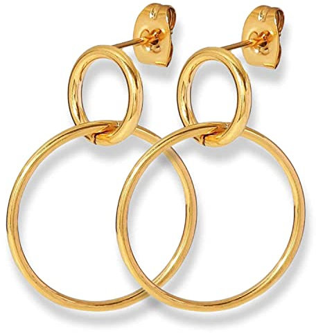 GOLDENCAT Pendientes Double Circle, Aros para Mujer, Pendientes Ligeros de Aro con Cierre Tuerca a Presión, Acero Inoxidable, Bañado en oro 14k