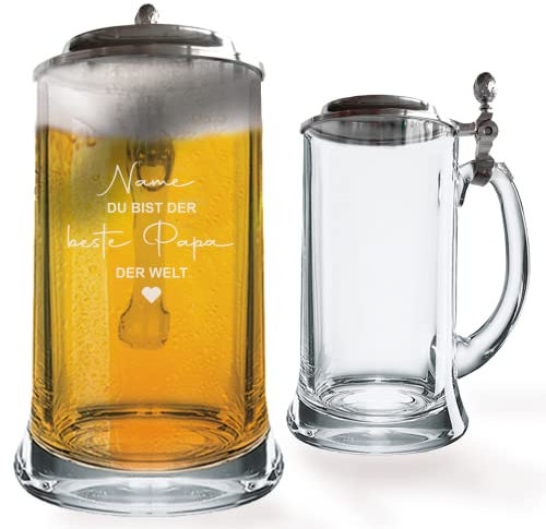 GRAVURMACHER® Boccale per birra con coperchio in stagno e incisione, regalo di compleanno per la festa del papà (motivo 08)