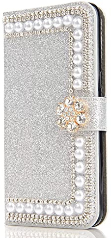 Ufgoszvp Hülle Case für Samsung Galaxy A23 5G Glitzer Bling Strass Diamant Perlenblume Handyhülle Flip Schutzhülle mit Standfunktion Handytasche Cover PU Handy Schutz Handyhülle Mädchen Silber