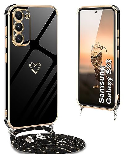 Yutwo Coque pour Samsung Galaxy S23 avec Cordon, Coque pour Samsung S23 avec Collier Housse Silicone avec Motif Coeur d'amour Antichoc Réglable Étui pour Samsung S23 avec Cordon, Noir