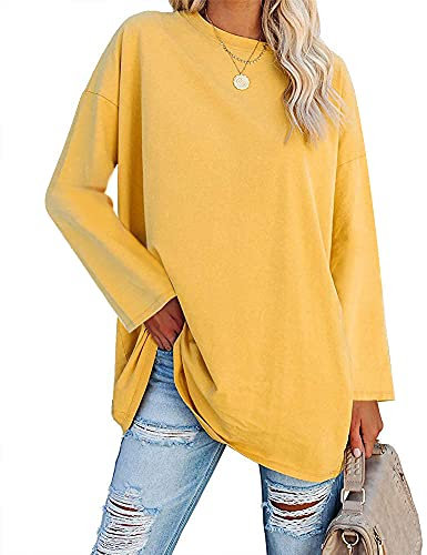 Ebifin Oversized T Shirts Women Long Tops Long Sleeve T Shirt Crewneck Tunic Tops Bluse Sweatshirts.Yellow.XXL