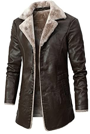 WOSJKDJ Mens Leather Jacket 3/4 Length Faux Leather Fur Coat Warm Winter Long PU Leather Jacket Lined Duster Trench Coat, Brown, 3XL