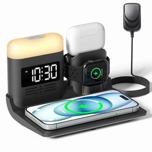Chargeur sans Fil Rapide, 6 en 1 Station de Charge avec Lampe, Réveil avec Chargeur sans Fil, Chargeur à Induction pour iPhone 15/14/13/12/11/X/SE/8 Séries, Samsung Phone, Apple Watch, AirPods