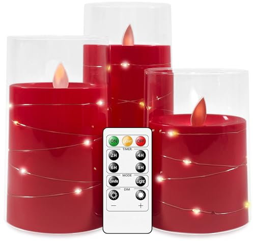 salipt LED Kerzen mit Fernbedienung Timer Funktion mit Glas Tasse, Flackernde Flammenlose, Echtwachskerze, Batteriebetrieben, LED Kerzen 3er Set 10,2/12,7/15,2 cm Hoch, Gules