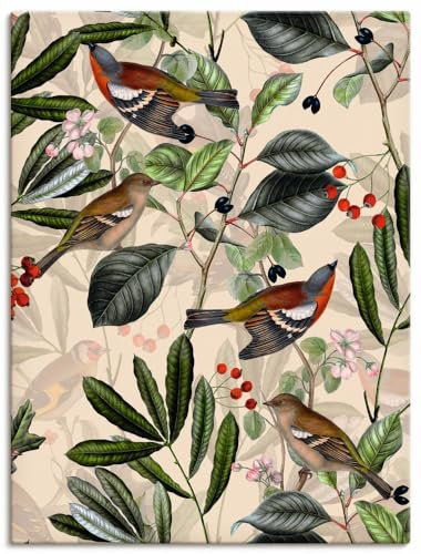 ARTLAND Wanddeko Leinwand Bilder Wandbild 45x60 cm Paradies Garten Pflanzen Blumen Blüten Vögel Vintage U4VX